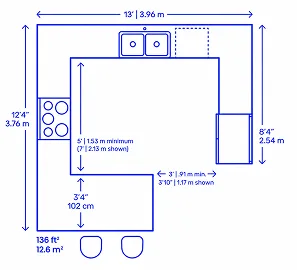 G-Shape kitchen layout floor plan dimensions