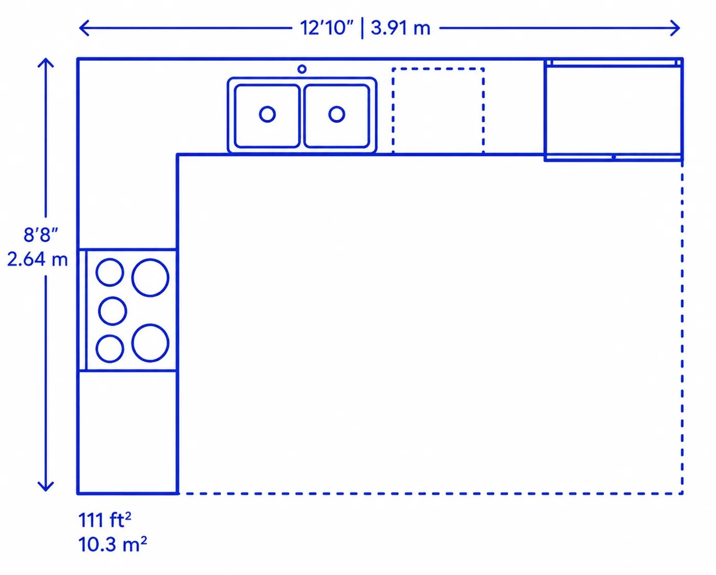 L-Shape kitchen layout floor plan dimensions