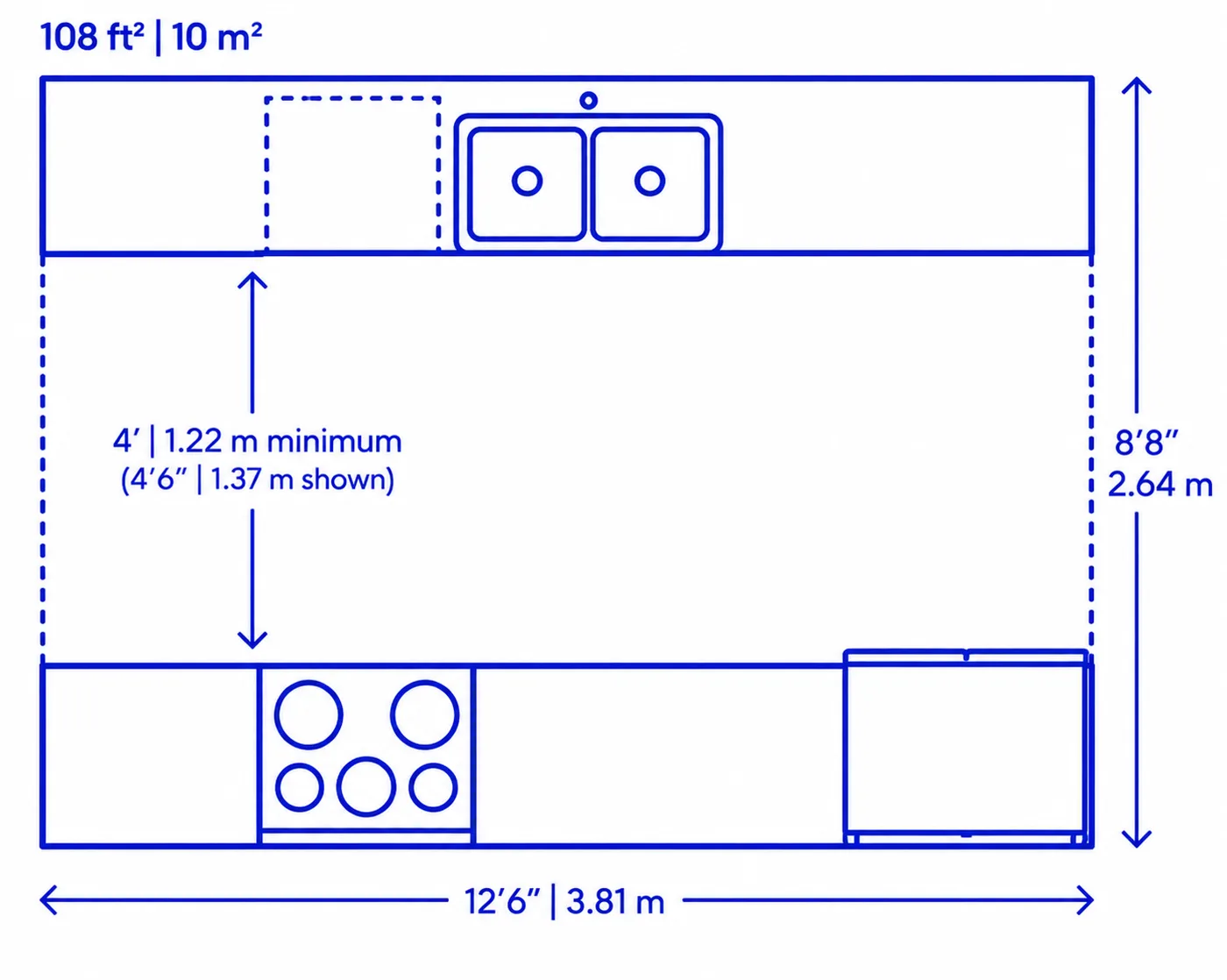 Two-row galley kitchen layout floor plan dimensions