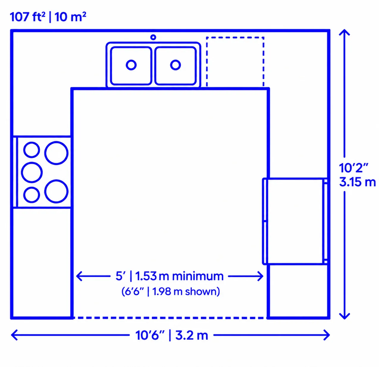 U-Shaped kitchen layout floor plan dimensions