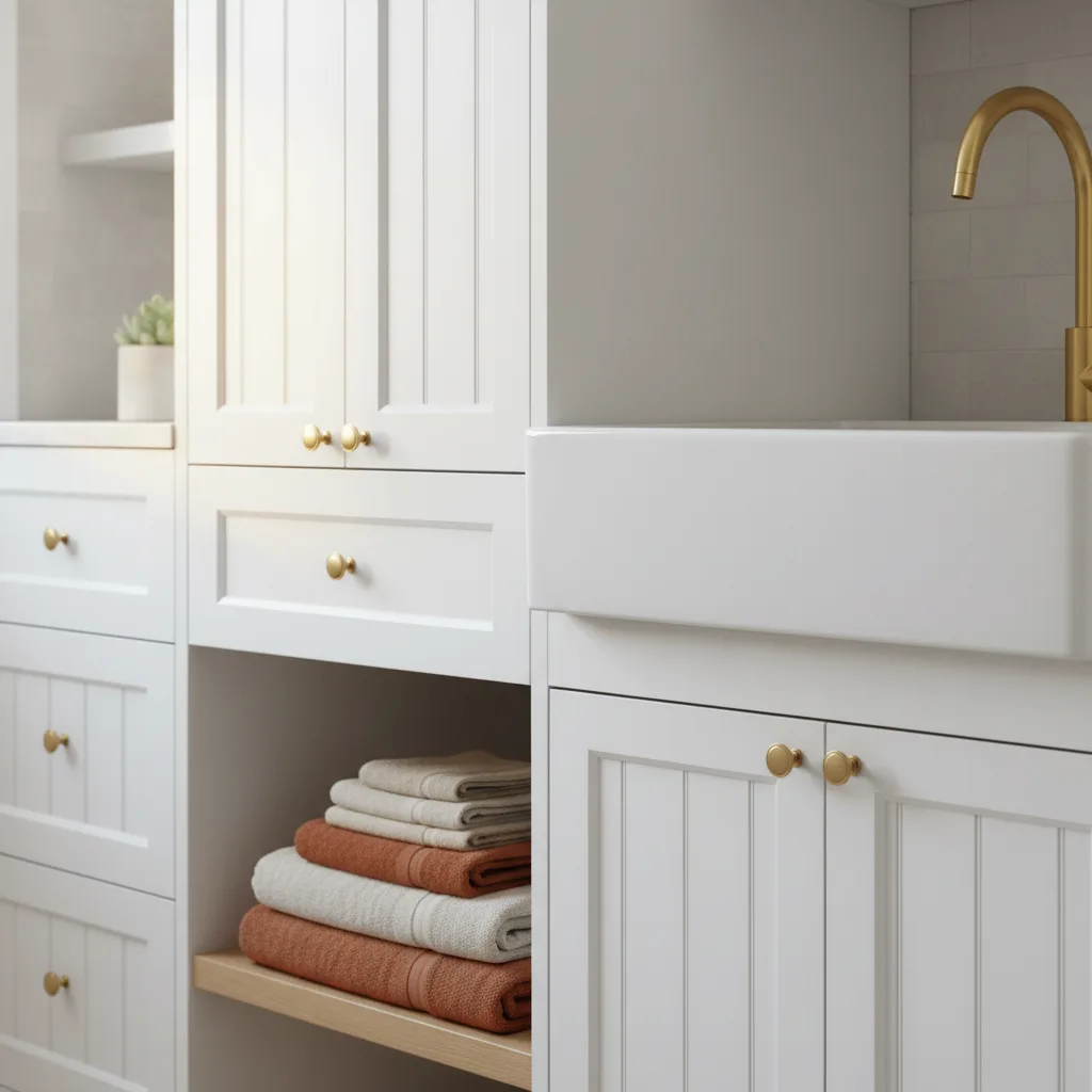 Custom cabinetry with gold hardware